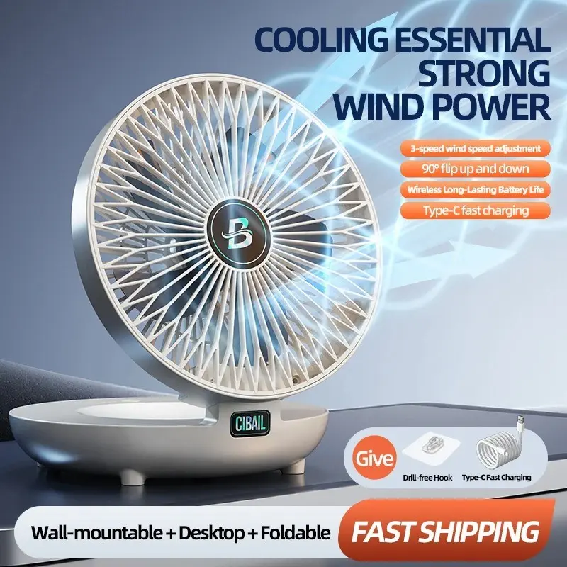 Portable Rechargeable Desk & Wall Fan, Cooling Cordless Camping Fan, Rechargeable Fans, 3 Adjustable Speeds, Strong Airflow, Ideal for Home, Office, Stroller, Camping, Compact & Versatile, Small Fan