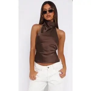 Women's strapless satin sleeveless backless solid color summer vest women's dress plaidRAIMENTRY