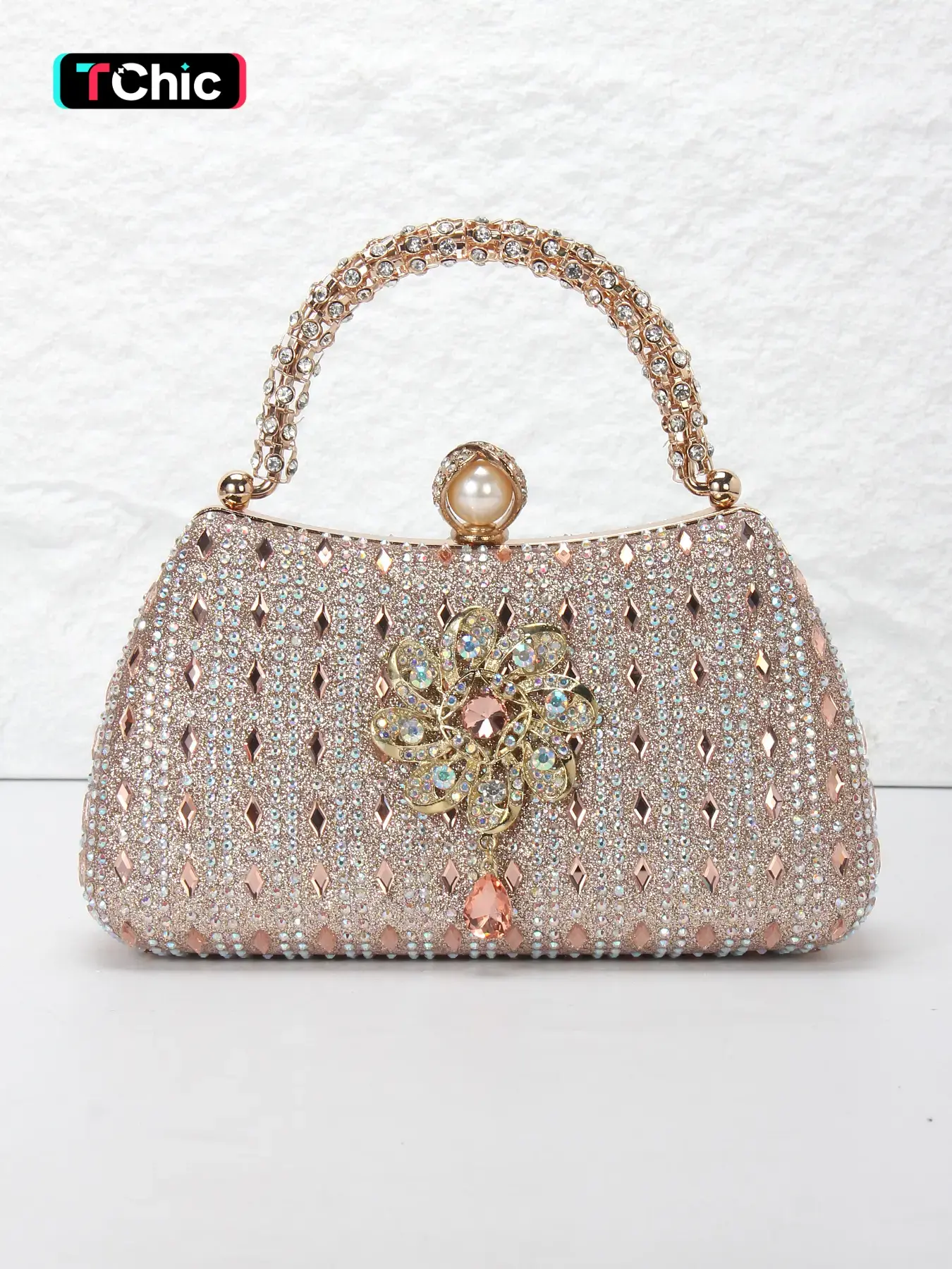 Full rhinestone floral design ladies evening bag, Elegant rhinestone bag, rhinestone chain handbag, clutch bag, Embellished shoulder bag, pearl rhinestone closure, with shoulder chain crossbody bag, suitable for weddings, parties, Elegant Bags
