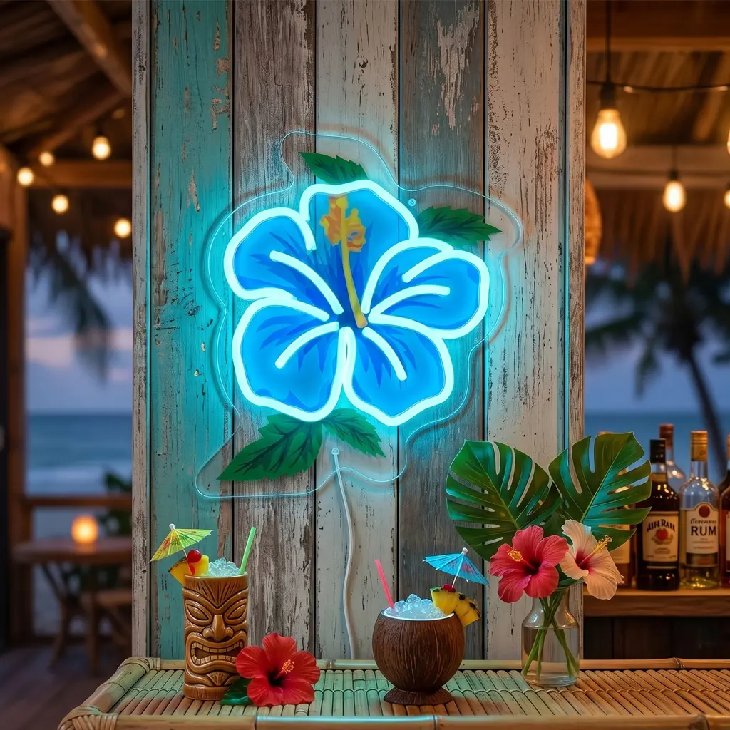 Hibiscus Flower Neon Sign - Colorful LED Lights, Flower Design Lamp, Mood Lighting, Room Decor for Living Room, Tropical Vibe Hawaiian Party Gift