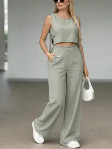 Women's Summer Set, Sleeveless Crop Top with High Waist Wide Leg Pants, Casual Two-Piece, Comfortable and Fashionable