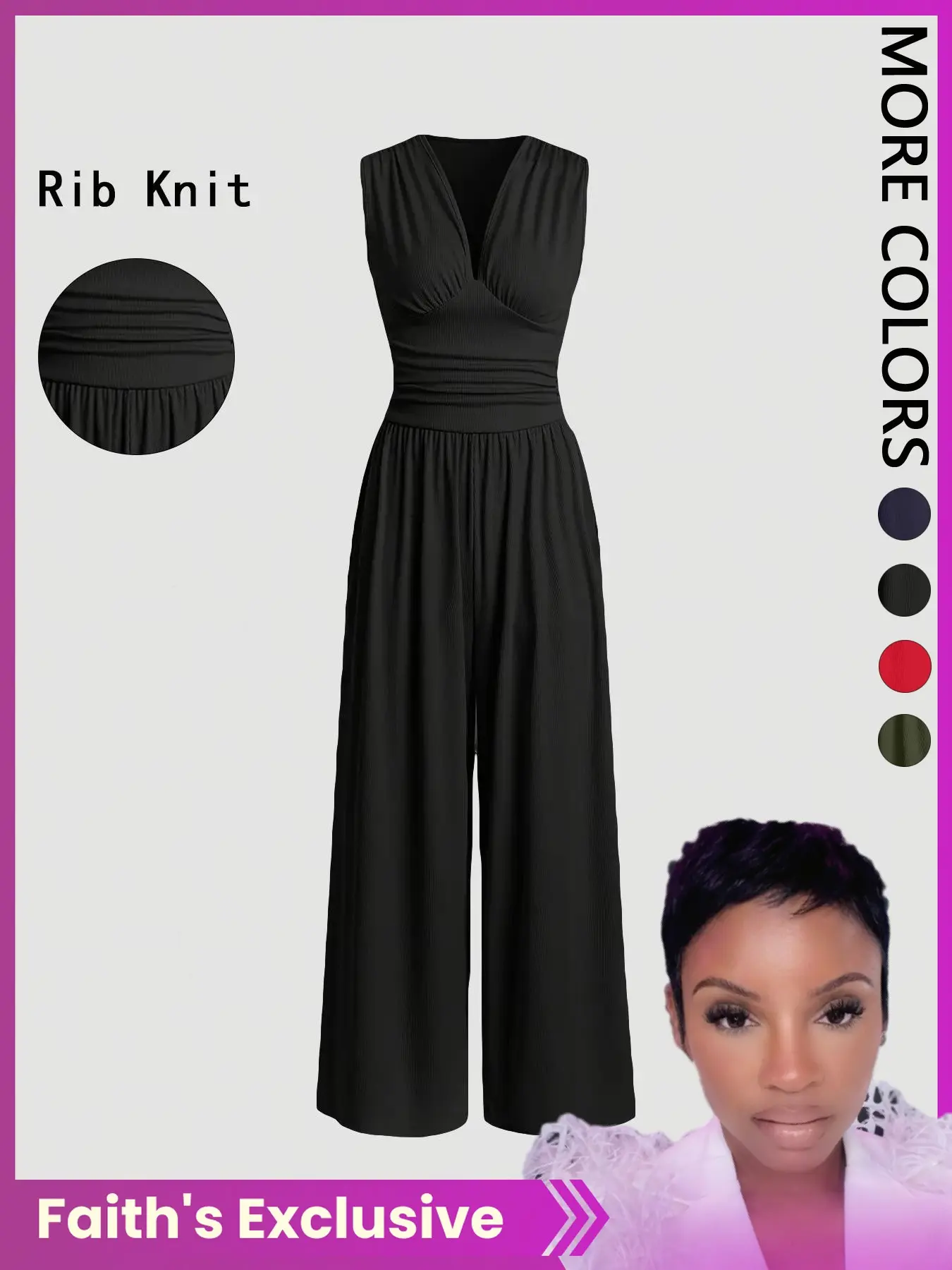 【Faith's Exclusive】Women's Plain Solid Basic Ruched Deep V Neck Wide Leg Fit Jumpsuit, Casual Sleeveless Ribbed Jumpsuit for Daily Wear, Ladies Clothes for All Seasons