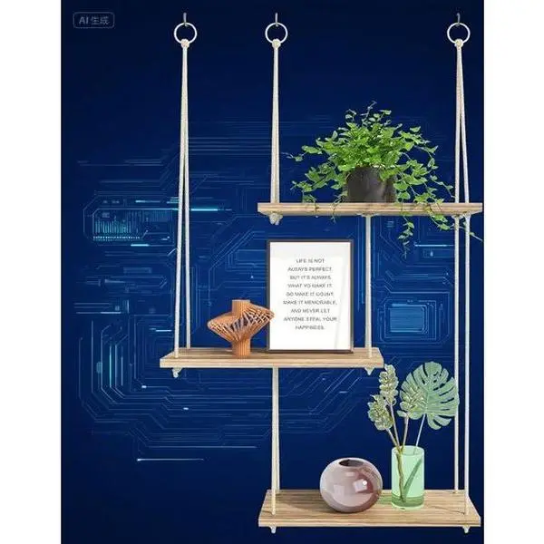 3-Tier Wooden Floating Wall Shelves - 34.8 Inches Height, 3-Piece Rustic Rope Detail Bohemian-Chic Decorative Farmhouse Organizer, Includes Kit, Easy-Installation Space-Saving Storage for Home Bedroom, Natural Brown Plant Display Shelf