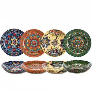4-piece Bohemian ceramic dinner plate set, kitchen tableware collection, dishwasher and microwave safe, ideal for serving steak, salad, fruit, snacks, pastries, perfect for family gatherings, restaurants, buffets, and holiday parties.