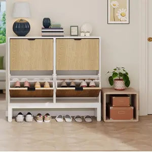 GARVEE Shoe cabinet with 4 Flip Drawers, Modern Fluted Shoe Organizer for Entryway ,Hallway (White+Oak)