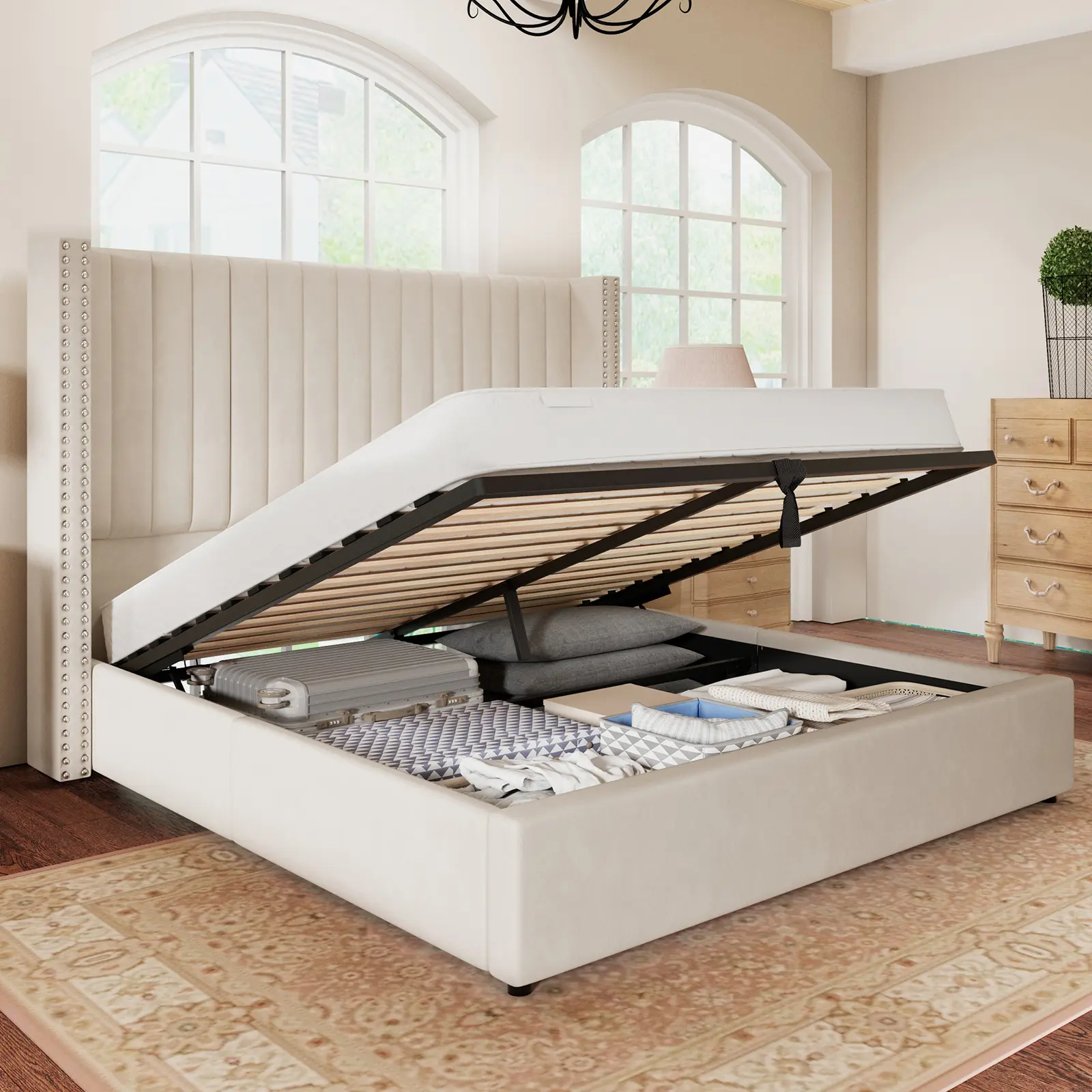 [SummerSale] AMERLIFE Bed Frame with Headboard Lift Up Storage Bed, Velvet Upholstered Bed Frame With Channel Tufted Wingback Headboard/Christmas Gift/Best Gift Ideas