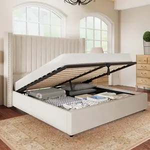 [Brandday][Memorialday] AMERLIFE Bed Frame with Headboard Lift Up Storage Bed, Velvet Upholstered Bed Frame With Channel Tufted Wingback Headboard/Christmas Gift/Best Gift Ideas