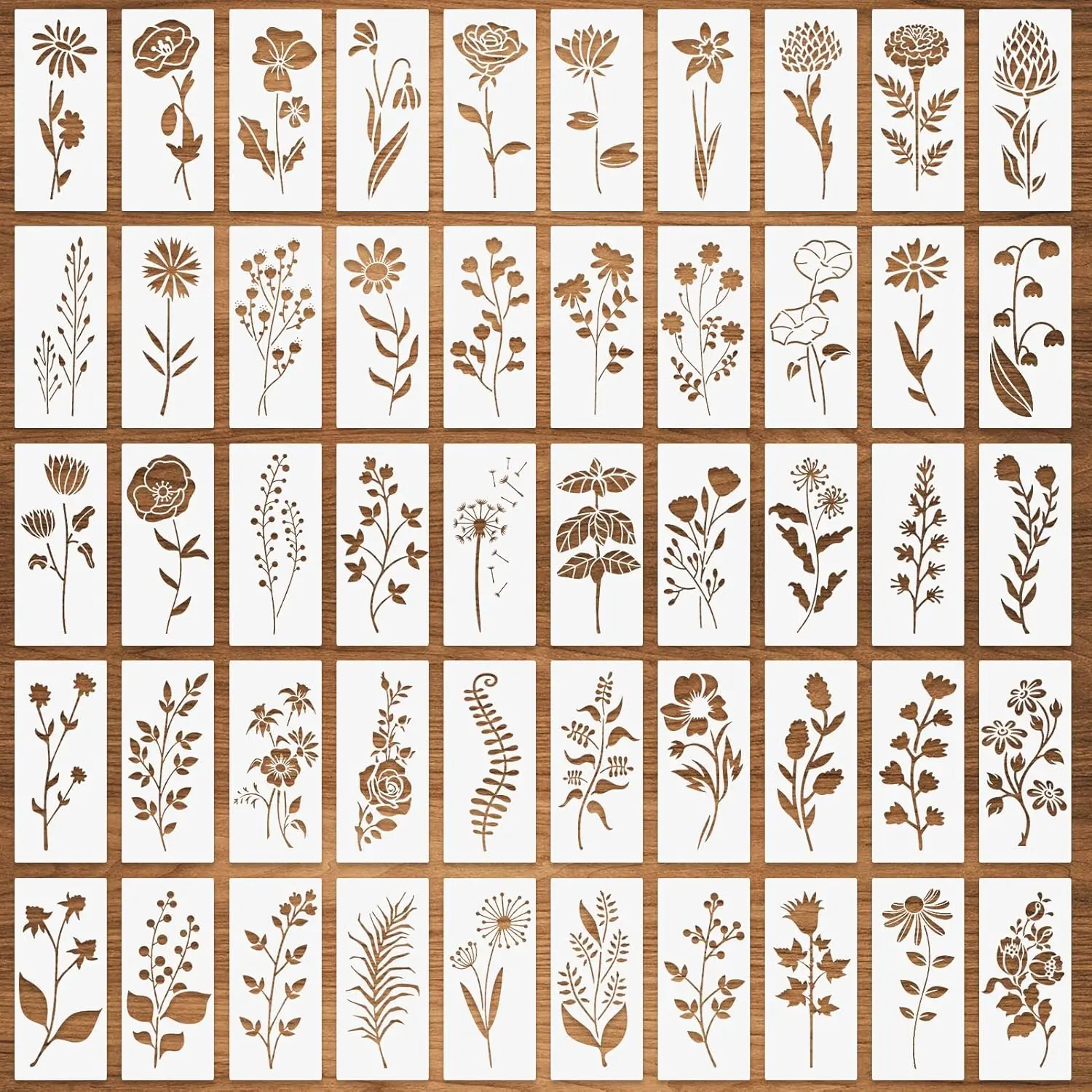 50 count Wildflower Stencils, Small Flower Leaf Stencils for Painting  , Daisy Rose Dandelion Tropical Leaf Botanical Templates,   Template for DIY Fabric Paper Card Drawing - 3" x 6"