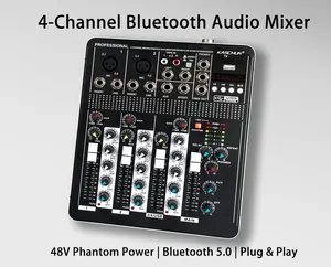 Kaschun T4 4-Channel Compact Metal Audio Mixer - Bluetooth 5.0, USB Recording, +48V Phantom Power, 3-Band EQ, Built-In Effects, Plug-and-Play for Live Streaming, Podcasting (Guitar & Gear Accessory)