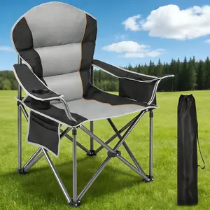 Camping Folding Chair for Adults, Portable Heavy Duty Outdoor Quad Chair with Lumbar Back Padded Arms, Side Pockets, Cup Holder and Cooler Bag for Beach, Lawn, Picnic, Fishing, Backpacking, Black