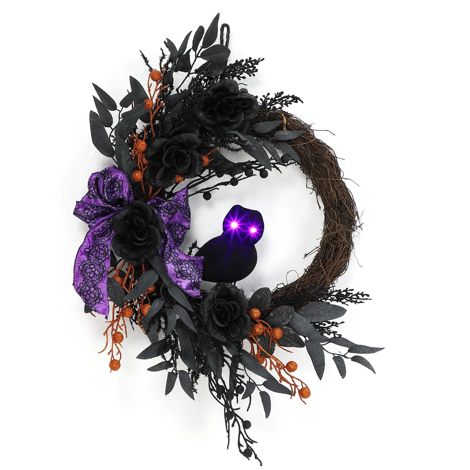 22 Inch Prelit Halloween Owl Wreath, Front Door Wreath with Black Willow Leaves, Artificial Roses and Purple Bow, Indoor Outdoor Porch Wall Decor