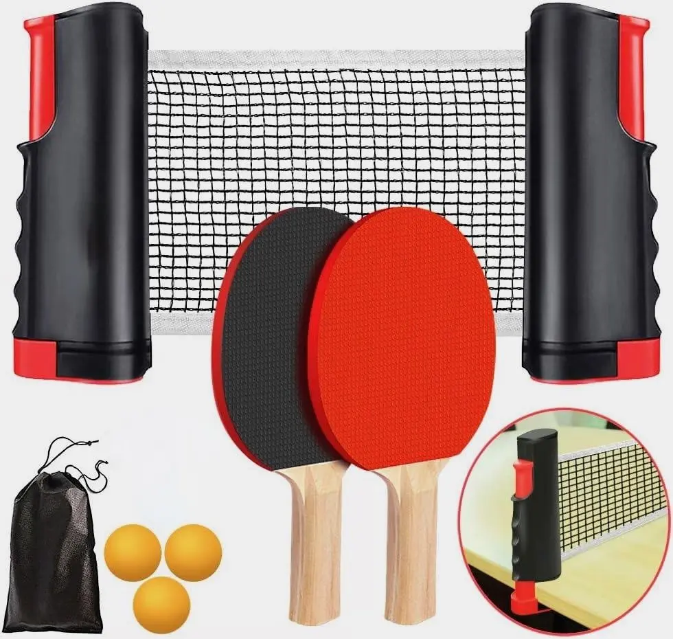 Portable Table Tennis Set - Retractable Net, 2 Rackets, 8 Balls, Mesh Bag, Easy Setup Kit for Beginners, Indoor/Outdoors Use, Sports Rackets, Nets, Unisex, Youth, Ping Pong Lovers, Easy To Install, Includes Balls, Picnics, Solid Wood, Wooden Paddle Table,