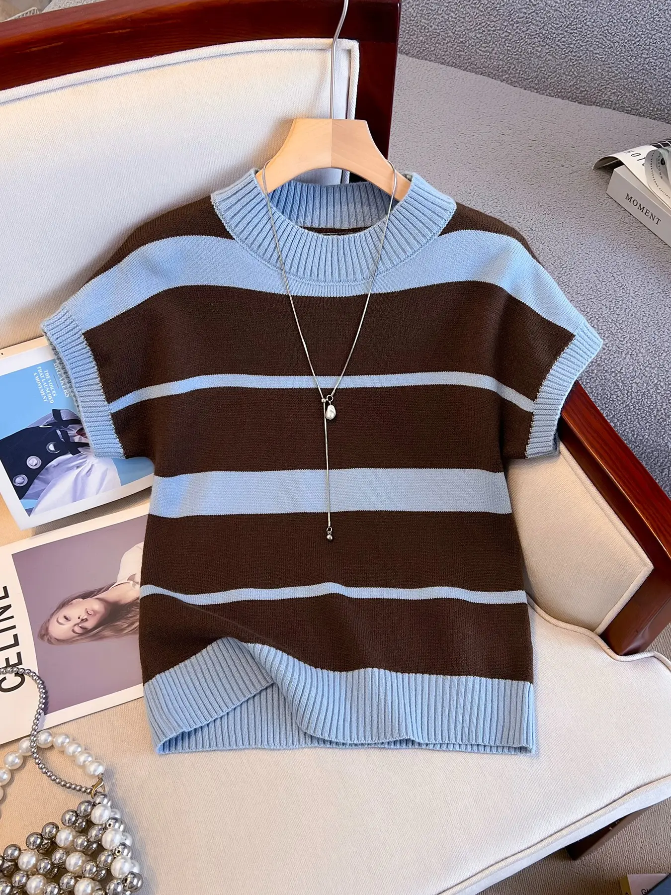 Summer Women's Trendy Casual New Arrival American Vintage Colorblock Striped Stripes/ Soft Knit Casual Striped Knitted Short Sleeve, Versatile Shoulder Slim Fit Top