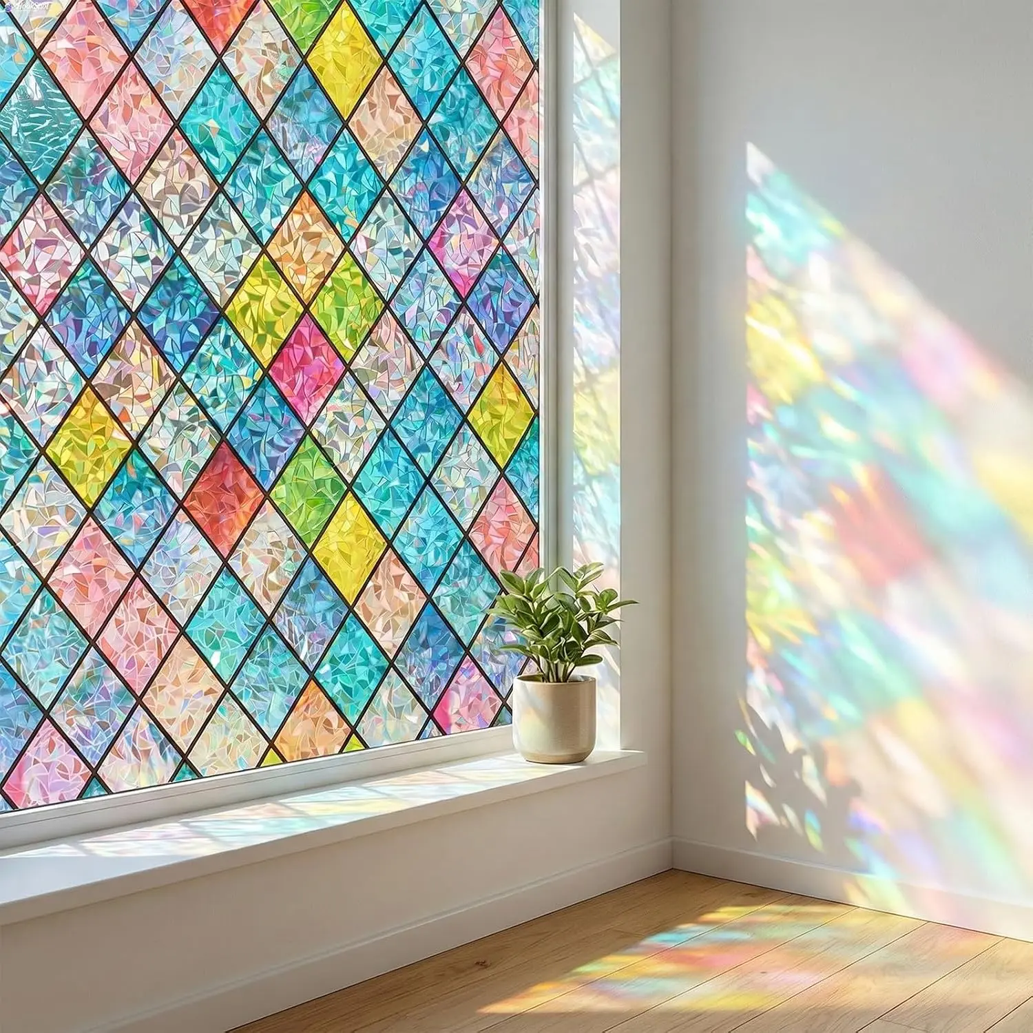 Rainbow Stained Glass Window Film Privacy Static Cling, 17.5"x78.7"