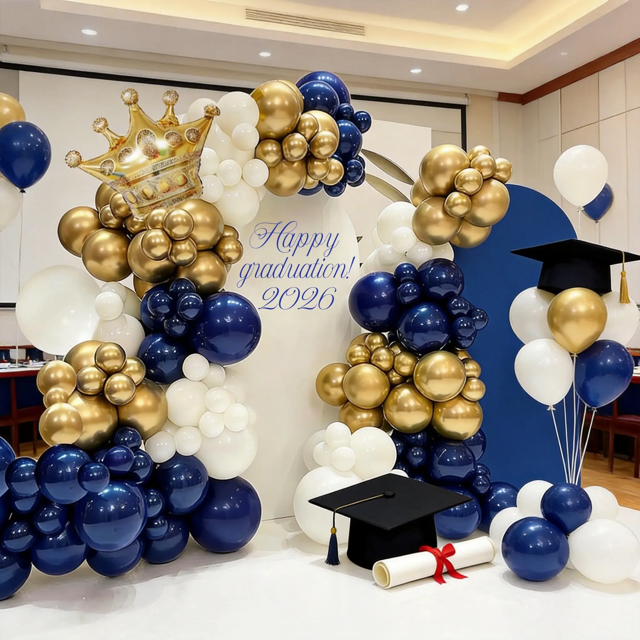 120pcs Night Blue Gold Balloon Arch Garland Set, Crown Aluminum Foil Balloons, Party Decor Balloon Arch Decoration for Graduation, Wedding, Birthday, Father's Day