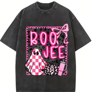 Coquette Halloween Pink Halloween Tshirt, Boo Jee Bow Frame Checkered Glitter Leopard Ghost Pumpkin Shirt, Trendy Graphic Tee Top Womenswear