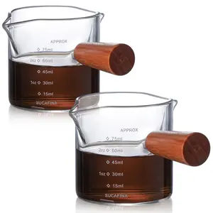 2 Pack Espresso Coffee Cups with Wood Handle, Double Spout Glass Measuring Cup with Dual Scale, Espresso Shot Glass with V-Shaped Mouth, Clear Glass Espresso Accessories (3.4OZ / 100ML) Kitchen Measuring Utensils