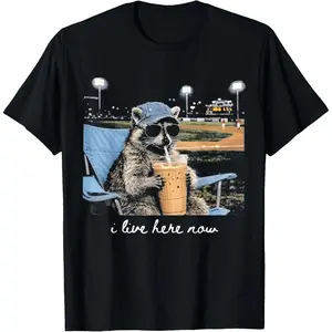 100%cotton Funny Raccoon Ballfield Baseball Field I Live Here Now T-Shirt