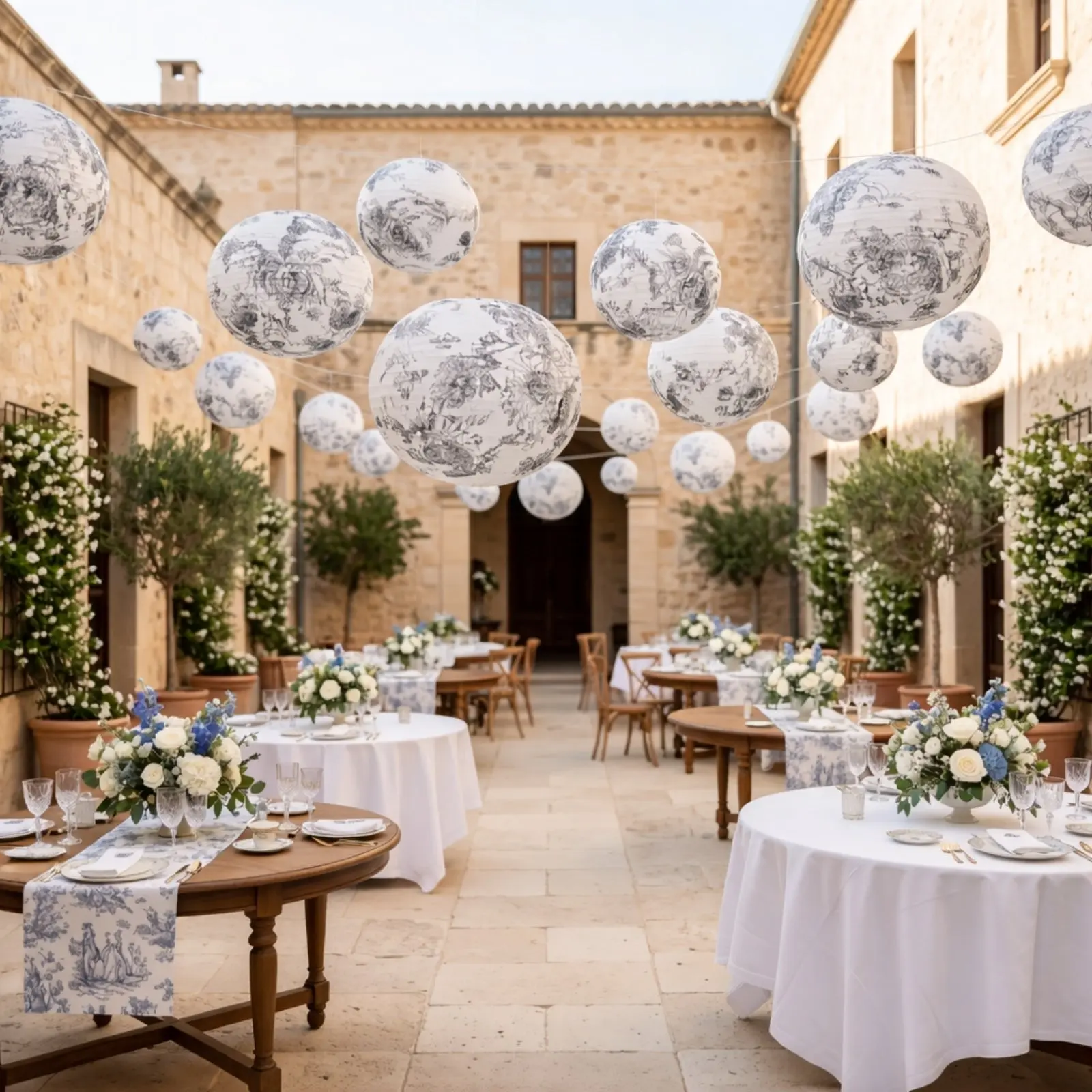 8-Piece Hanging Paper Lanterns Set - Classic French Toile White with Black Flowers & Prints, 6in/8in/10in/14in, Wedding Table Centerpieces, Home/Festive Decorating Ornaments