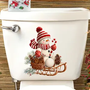 Christmas snowman toilet sticker - waterproof bathroom sticker with red and striped hat, holly leaves - easy to peel and stick, residue free - suitable for holiday bathroom, kitchen or home decoration, Bathroom Decoration Accessories