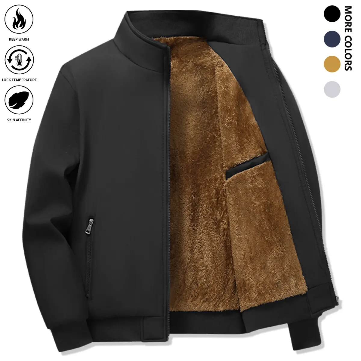 Men's Plain Thermal-Lined Fleece Coat - Regular Fit, Long-Sleeve Zip-Up Menswear Top, Casual Front-Zip Outerwear for Fall & Winter Daily Wear