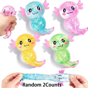 2 Count Axolotl Squishy Stress Relief Toy, Glitter Fidget Toys, Stress Relief Fidgeting, Cute Malt Sugar Axolotl, Anxiety Relief, Party Favors, Blue