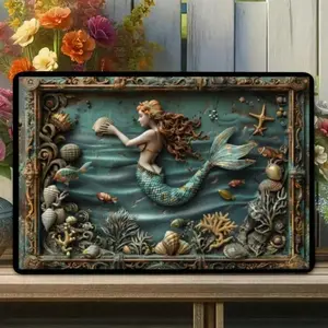 Aluminum Vintage Wall Art Retro Mermaid Ocean Inspired Design Coral Decor Art Wall Decoration Rustic Beach House Theme Perfect for Home Kitchen Bar Shop