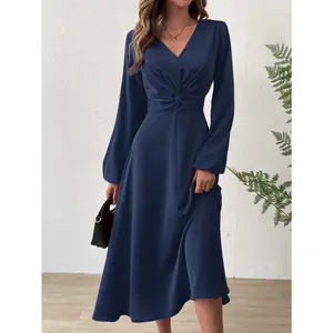 Amazon European and American Women's Fashion Spring/Summer V-neck Lantern Sleeve Dress with Twisted Edge Elegant Mid-length Dress