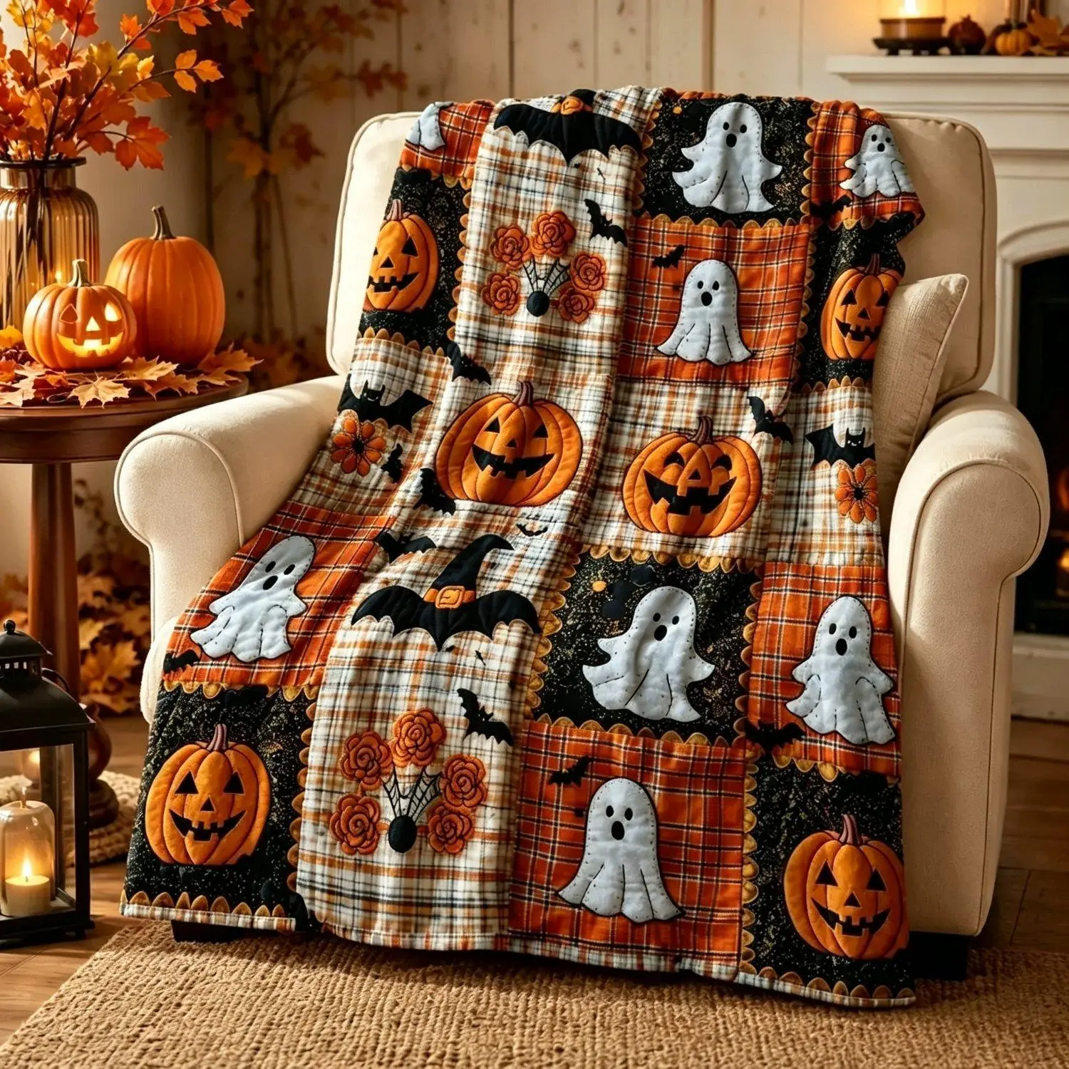 Halloween Pumpkin Ghost Bat Plaid Patchwork Flannel Throw Blanket Soft Warm Cozy Lightweight Sofa Bed Couch Bedroom Living Room Fall Autumn Home Decoration Gift
