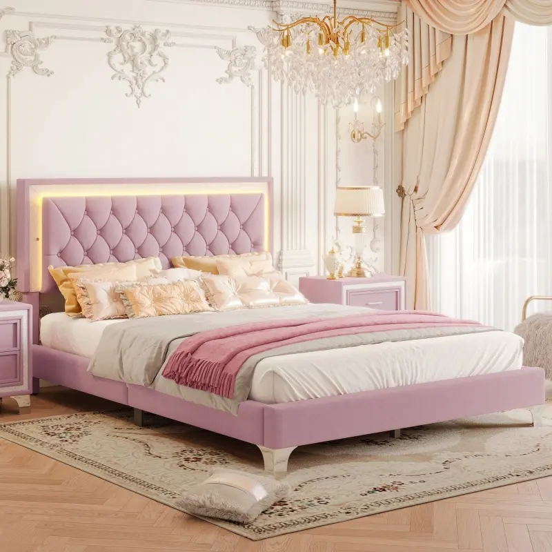 Queen Size Upholstered Bed Frame with LED Lights,Modern Velvet Platform Bed with Tufted Headboard and Reinforced Slats, No Box Spring Needed