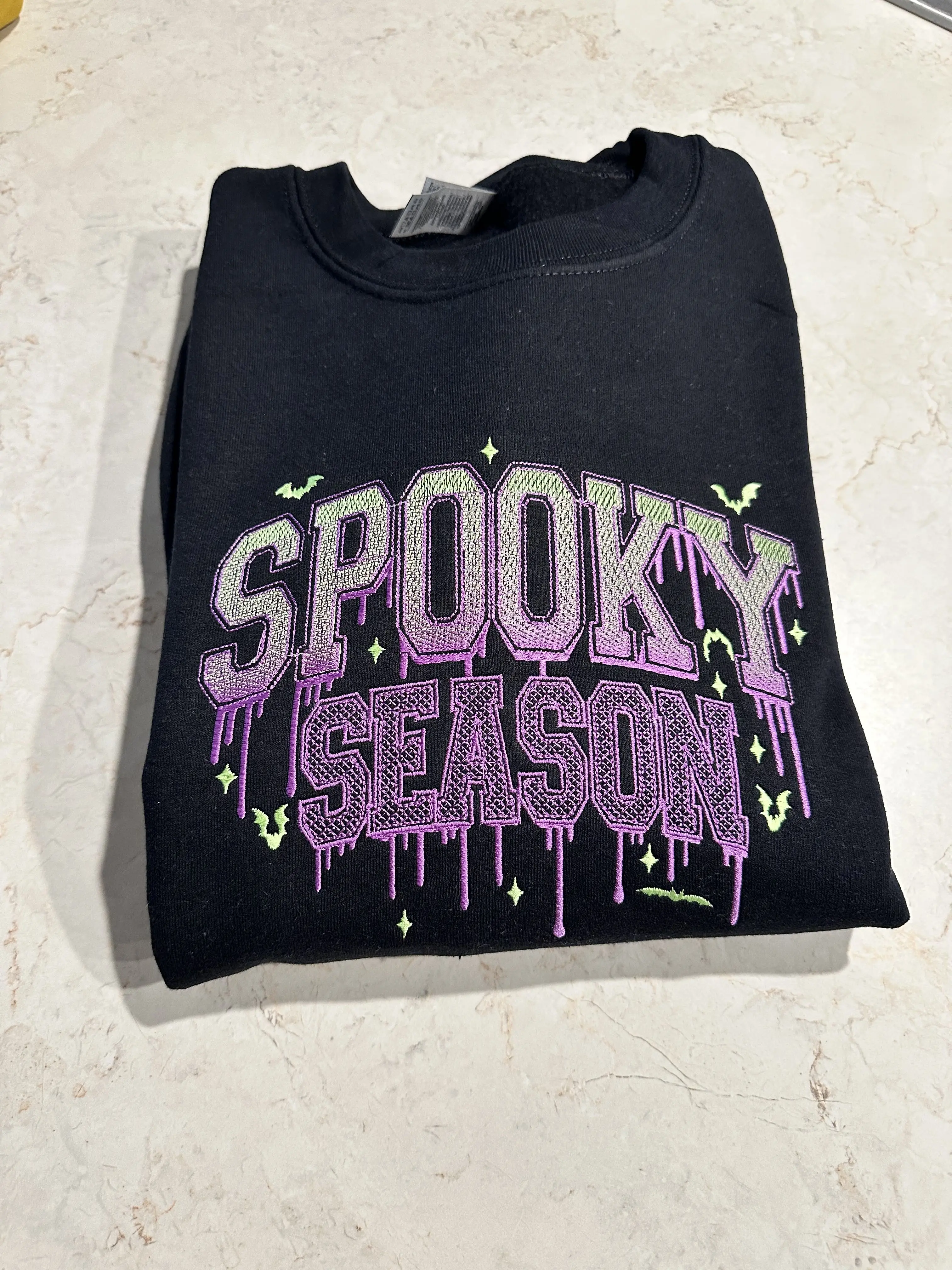 Embroidered Spooky Season w/Bats - Purple & Neon Green-  Sweater, Halloween, Summerween, Hoodie, Sweatshirts, Crewneck