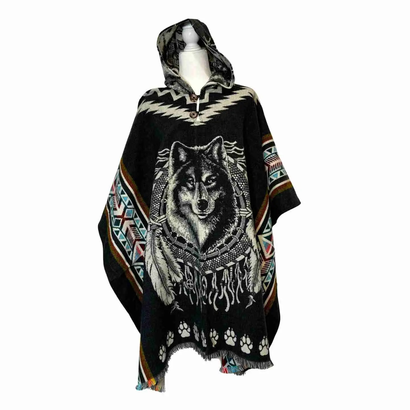 Women's Wolf Hooded Boho Tribal Style Wrap Top, Ethically Made Soft Durable Fabric Poncho with Wolf Design, Button Closure, One Size Fits Most Unisex Festival Wear, Everyday, Paw