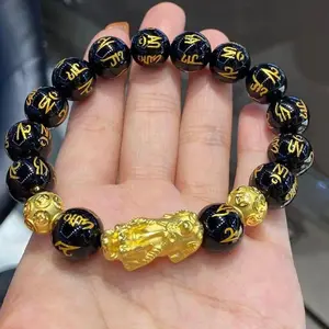 Obsidian Wealth Attracting Feng Shui Pixiu Bracelet Unisex Black Obsidian Gold Dust Good Luck Gift For Men Women