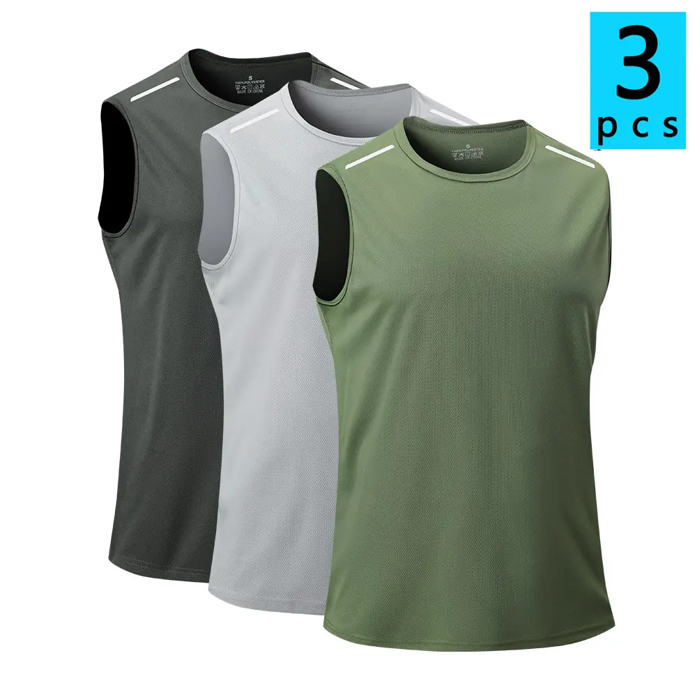 Men’s 3-Pack Solid-Color Breathable Dry-Fit Non-Sleeve Open Sleeveless Fitted Neutrals Crew-Neck Athletic Vests for Summer Gym Workouts, Outdoor Activities, Non-Sleeve Vests, Dry-Fit Vests