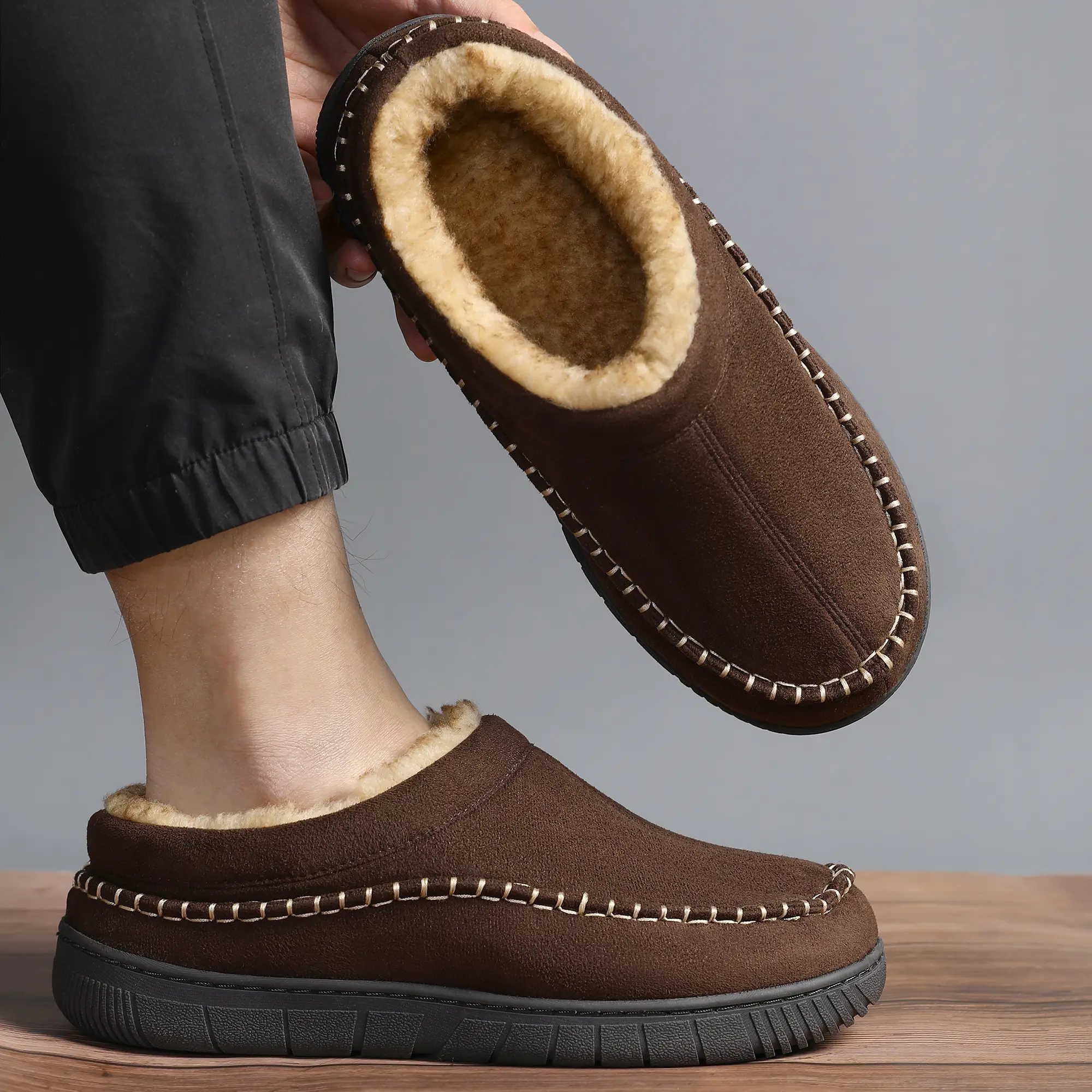 Men's Shoeslocker Suede Mule Slippers - Fluffy Fur Lined, Soft Non-Slip Rubber Sole, Warm Casual Home Slippers, Decorative Stitching, Walking Shoes, Men's Shoes, Boyfriend, Footwear, Slide, Husband, Slip On, Antislip Slippers, Casual Wear