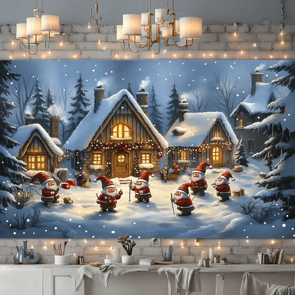 Synthetic Polyester Christmas Village Tapestry Wall Hanging - Non-Electric Holiday Backdrop with Santa, Festive Scene, Aesthetic Home Decor for Living Room, Bedroom