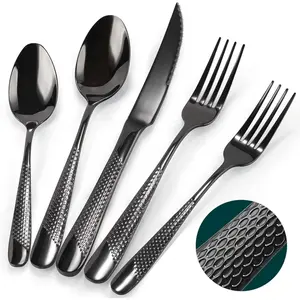 Silverware Set, 30 Pieces Black Hammered Flatware Set for 6, Mirror Polished Stainless Steel Cutlery Set for Home, Kitchen, Restaurant and Hotel, Dishwasher Safe