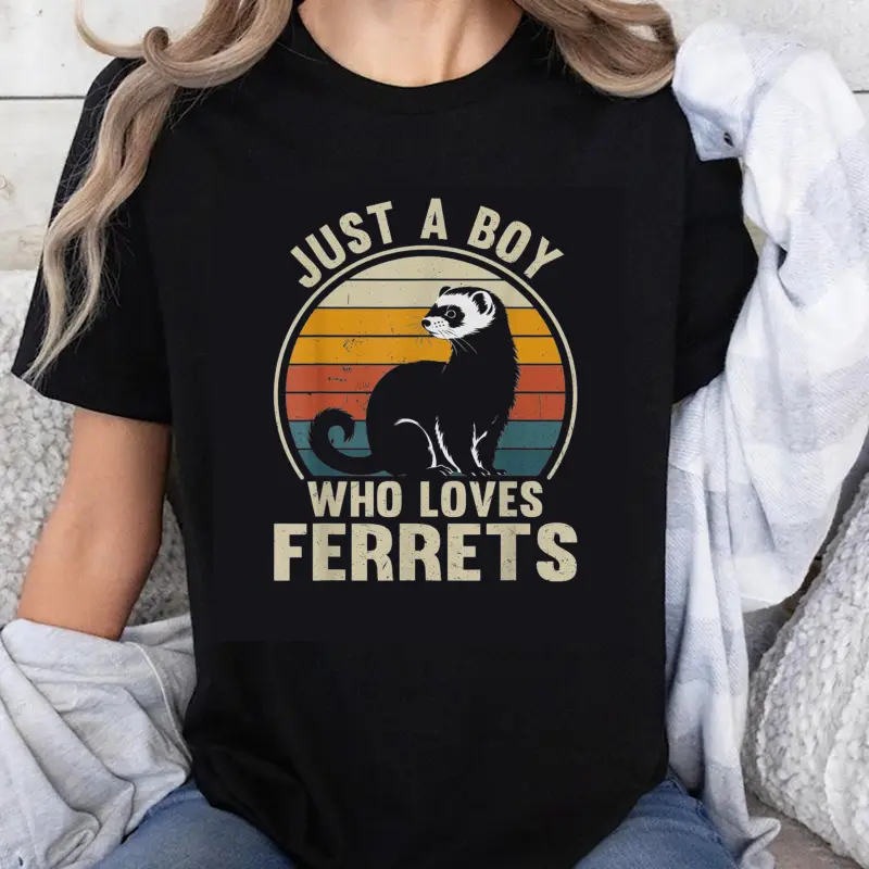 Women's Cute Loose-Fitting 100% Cotton Short Sleeve Round Neck Tshirt, Vintage Ferret Lover Graphic Top for All Seasons, Casual Streetwear Everyday Wear, Crew Neck