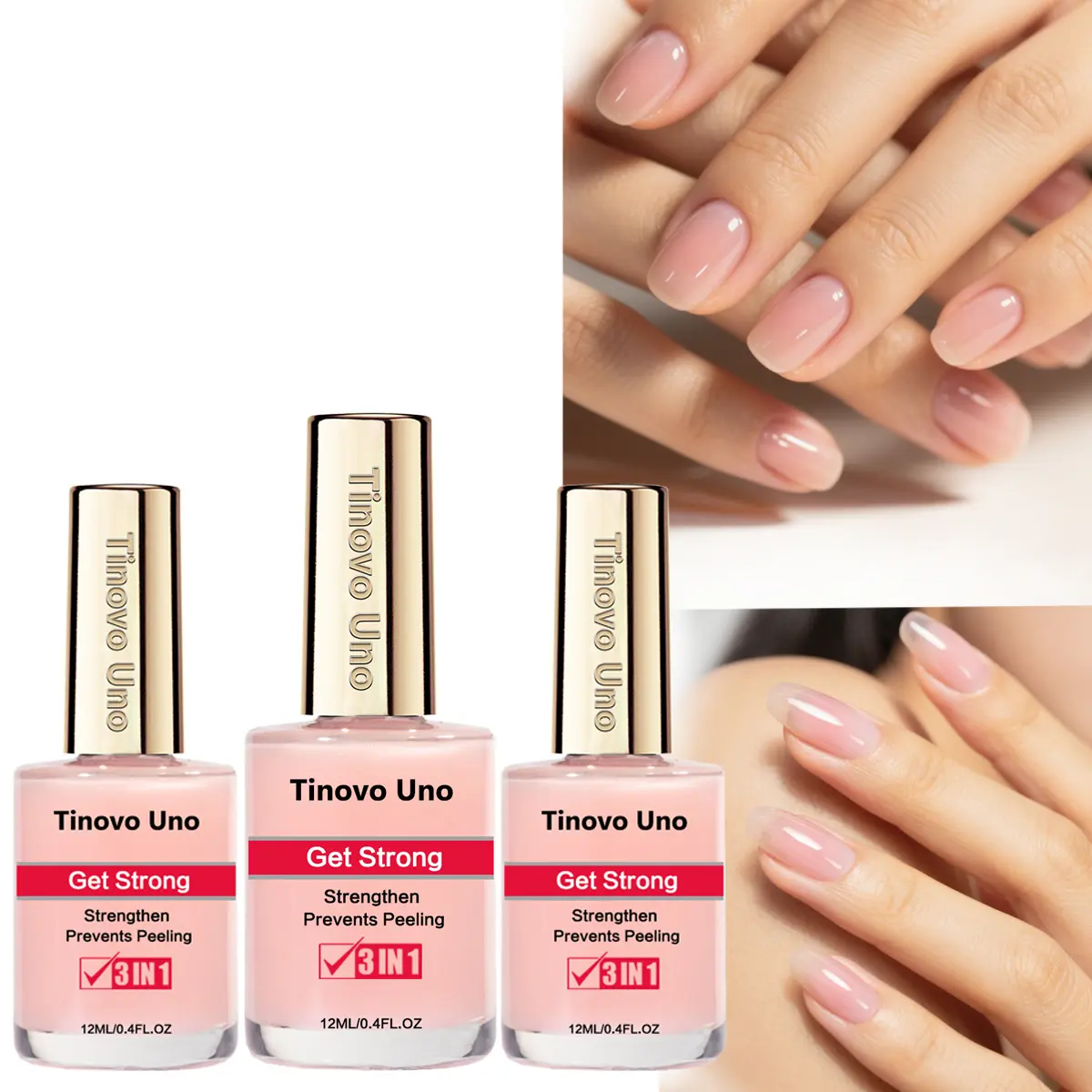Tinovo Uno 3-Pack Gentle Natural Pink Nail Strengthener - 3-in-1 Nail Care Multi-Pack Formula, Covers Cracks, Dries Quickly, Alcohol-Free