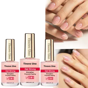 Tinovo Uno 3-pack Natural Pink Nail Strengthener - 3-in-1 formula, covers cracks, shines, dries quickly, alcohol-free, boosts shine