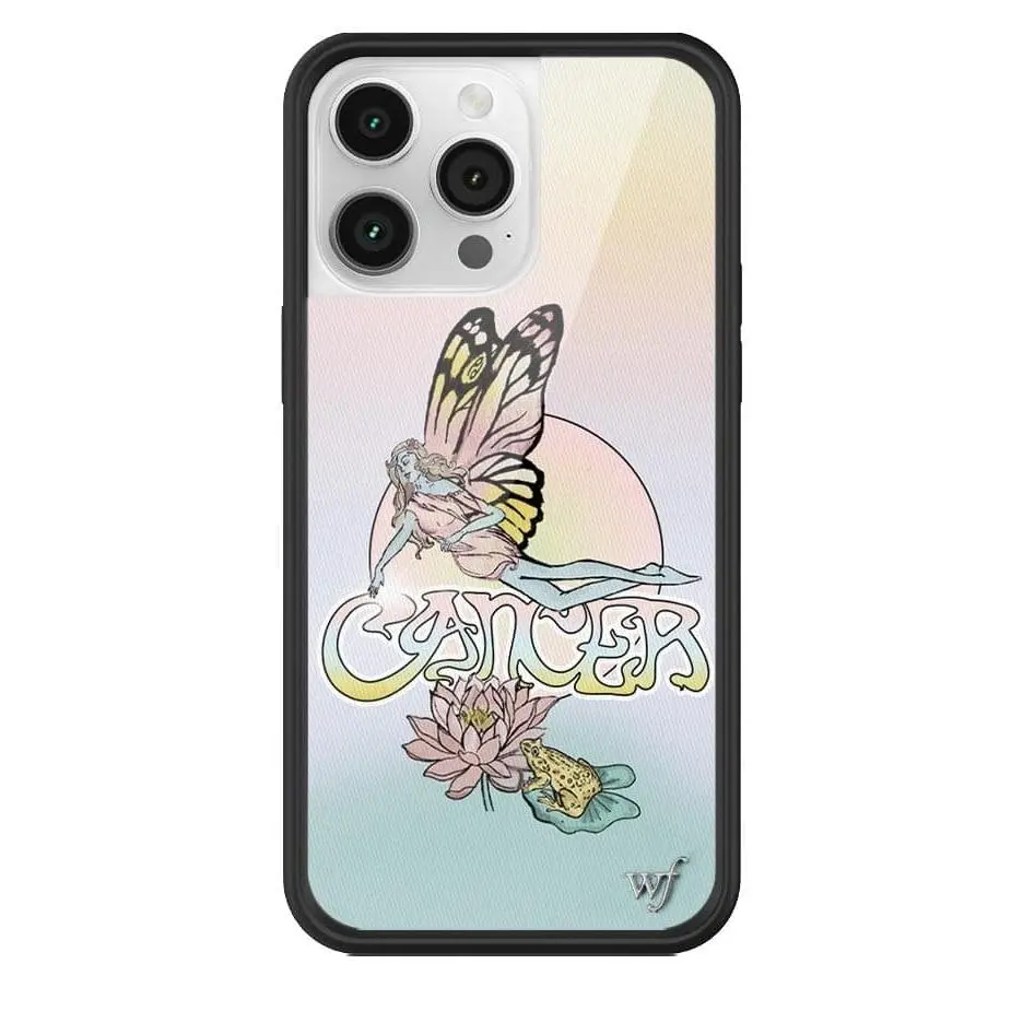 Cancer | Limited Edition iPhone Case | Raised Protective Black Bumper | Women Owned Small Business | Zodiac Ombre Sunset Background Butterfly Fairy Pink Lotus Flower | Safety Casing Protective | Cellphone Cute Aesthetic