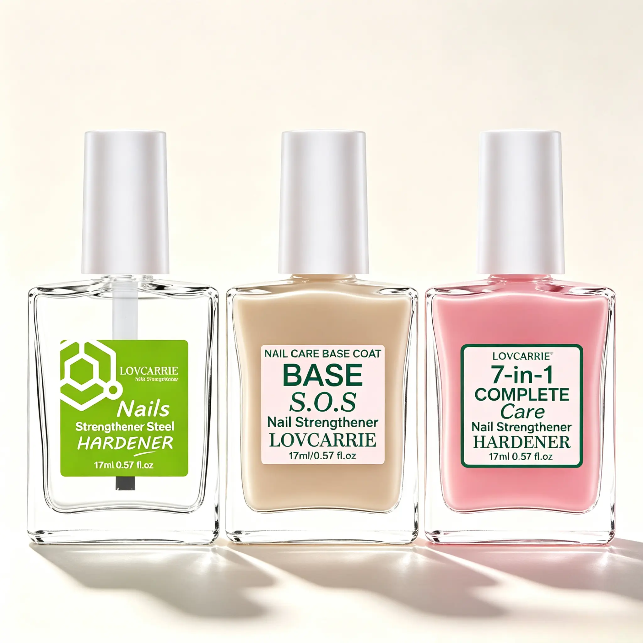 LOVCARRIE 3 Types Nail Strengthener Set Steel Hardener Clear Varnish / BASE S.O.S Emergency Repair / 7-in-1 Calcium Complete Care Pink 17ml Each Anti-Break Damaged Nail Treatment Multi-Functional Manicure Base & Top Coat