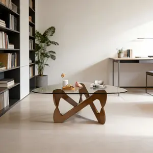 Mid-Century Modern Triangle Glass Top Coffee Table - Walnut Irregular Wooden Base, 35.8in Abstract Table for Living Room, Office