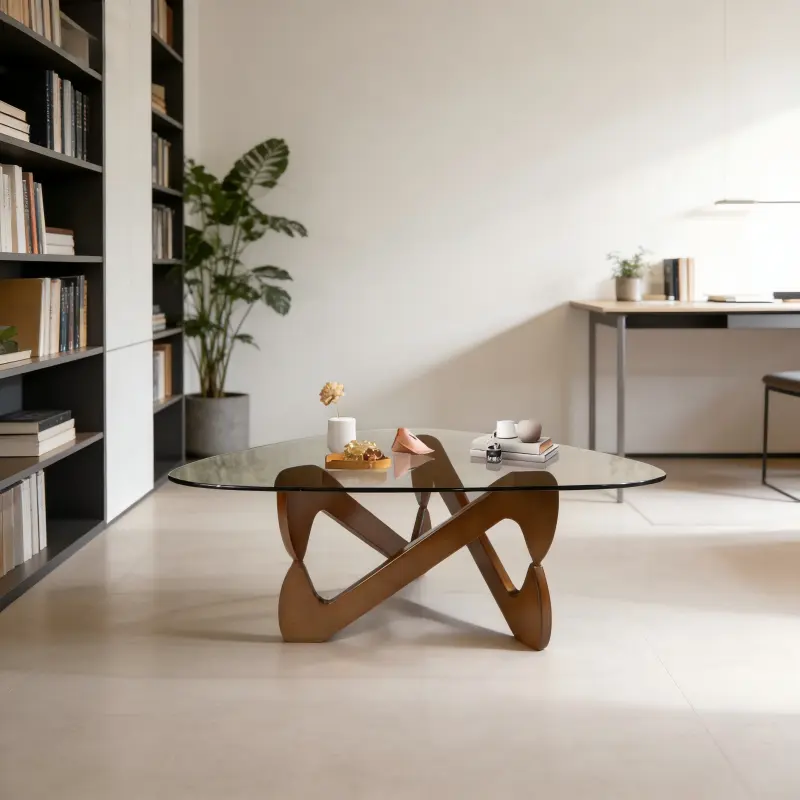 Mid-Century Modern Triangle Glass Top Coffee Table - Walnut Irregular Wooden Base, 35.8in Abstract Table for Living Room, Office