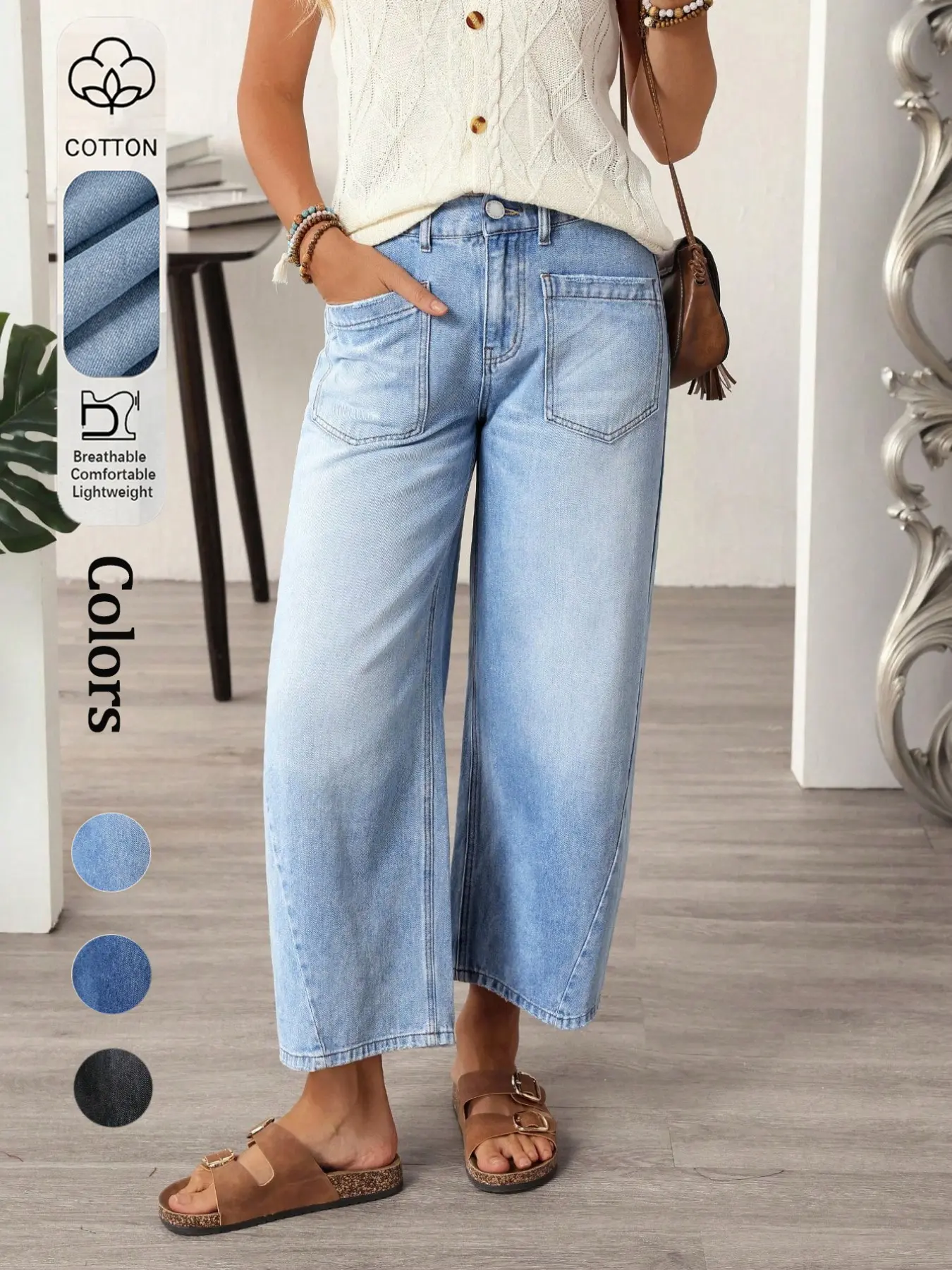 Women's Denim Jeans, Light Wash Blue, Ankle-Length Wide Leg Pants, Non-Elastic, Multiple Pockets, Elegant Casual Comfort, All Seasons