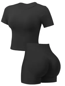 Women's Solid Short Sleeve Tee & Shorts Sports Set, Sporty Breathable Comfy Two-piece Set Workout Running Outfits for Yoga Gym Workout Running, Ladies Sportswear for All Seasons