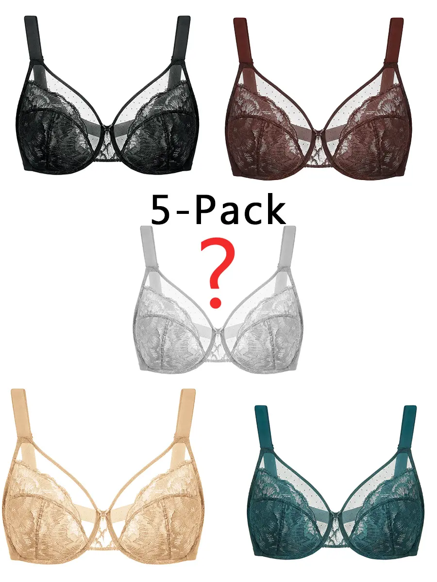 5-Pack MOKONGFU Womenswear Women's 5-Pack Plus Size Unlined Underwire Bras, Full Coverage V-Neck, Breathable Soft Assorted Lace Shades for Year-Round Replacement