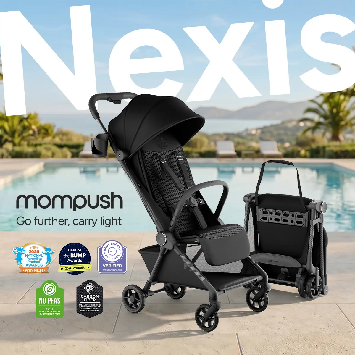Mompush Nexis Carbon Travel Stroller, Ultra-Lightweight 13.8 lbs, Compact & Airplane Carry-On Approved, One-Second Auto-Fold, One-Hand Full Recline, from Birth to 50 lbs, JPMA Certified, Forest