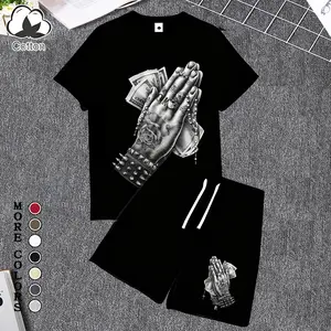 Men's 2-Piece "Praying Hands with Money & Tattoos" Graphic Outfit, Cotton Short-Sleeve T-Shirt & Athletic Shorts Set, Lightweight Breathable Casual Activewear, Ideal for Hip-Hop Streetwear Fans, Gift for Boyfriend