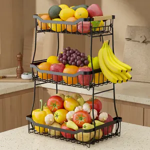 2/3 Tier Square Fruit Basket Stand, Durable Metal Countertop Fruit and Vegetable Basket Organizer with Space Saving Stackable Design, Large Capacity Storage for Fruits, Snacks, Bread and Produce, Stylish Kitchen Counter Organizer for Home